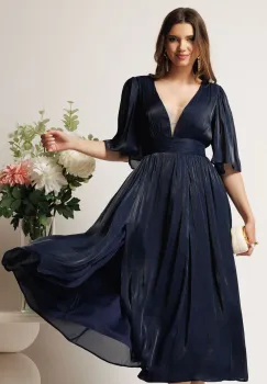 Rochie DY Fashion midi bleumarin din voal in clos cu tull la decolteu si crapatura pe picior imagine