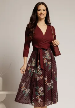 Rochie DY Fashion midi bordo cu decolteu petrecut si fusta din voal imprimat imagine