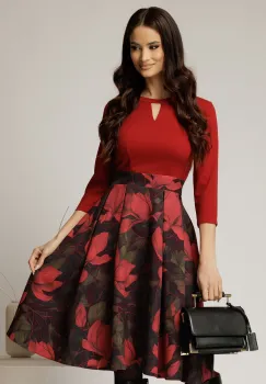 Rochie DY Fashion midi bordo cu imprimeu si decupaj la decolteu imagine