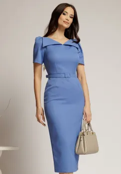 Rochie DY Fashion midi conica albastra cu guler ascutit si curea in talie imagine