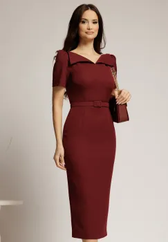Rochie DY Fashion midi conica bordo cu guler ascutit si curea in talie imagine
