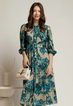 Rochie DY Fashion midi crem cu imprimeu turcoaz cu maneci bufante si curea in talie imagine