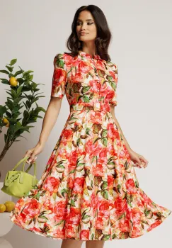 Rochie DY Fashion midi cu flori corai in clos din rayon si curea in talie imagine