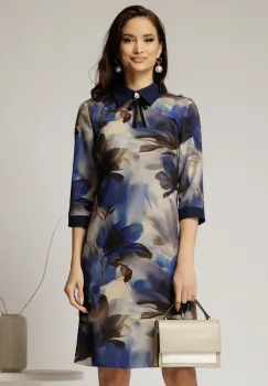 Rochie DY Fashion midi cu imprimeu albastru cu guler tip camasa imagine