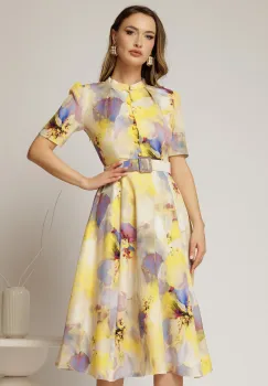 Rochie DY Fashion midi cu imprimeu galben in clos din triplu voal cu nasturi la bust si curea in talie imagine