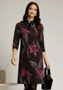 Rochie DY Fashion midi cu imprimeu negru si mov cu guler tip camasa imagine