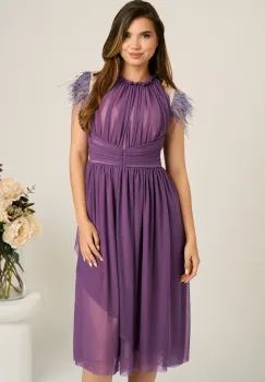 Rochie DY Fashion midi din tull mov in clos cu pene la umeri imagine