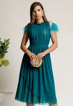 Rochie DY Fashion midi din tull turcoaz in clos cu pene la umeri imagine