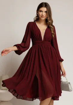 Rochie DY Fashion midi din voal bordo in clos cu perle si tull la decolteu imagine