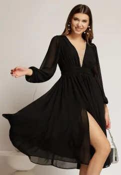 Rochie DY Fashion midi din voal negru in clos cu perle si tull la decolteu imagine