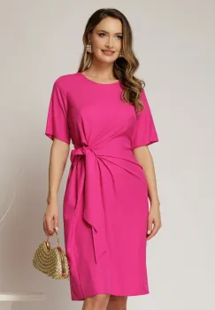 Rochie DY Fashion midi fucsia cu nod in talie si adaos de viscoza imagine