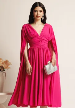 Rochie DY Fashion midi fucsia din voal in clos cu nasturi si maneci ample imagine