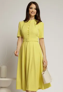 Rochie DY Fashion midi galben lime in clos din triplu voal cu nasturi la bust si curea in talie imagine