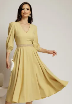 Rochie DY Fashion midi galbena cu banda decorativa pe talie si mansete imagine