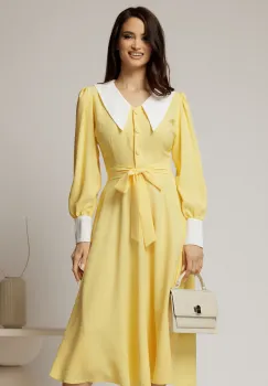 Rochie DY Fashion midi galbena cu guler si mansete in contrast imagine