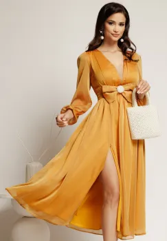 Rochie DY Fashion midi galbena din voal in clos cu funda maxi in talie imagine