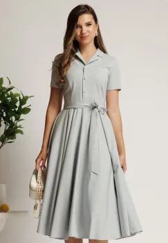 Rochie DY Fashion midi gri din stofa subtire cu cordon si buzunare imagine