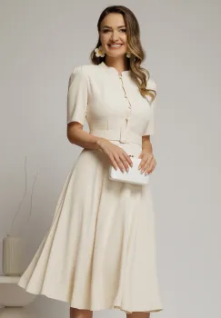 Rochie DY Fashion midi ivoar in clos din triplu voal cu nasturi la bust si curea in talie imagine