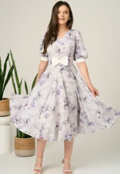 Rochie DY Fashion midi lila din satin in clos cu print mov si funda in talie imagine