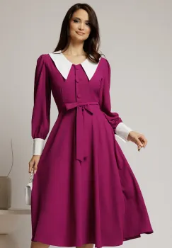 Rochie DY Fashion midi magenta cu guler si mansete in contrast imagine