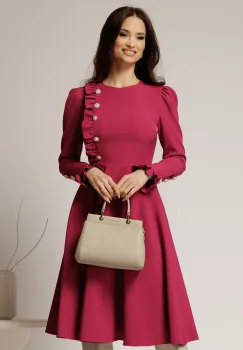 Rochie DY Fashion midi magenta cu nasturi si volanase la bust imagine