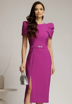Rochie DY Fashion midi magenta de ocazie cu umeri bufanti si cordon detasabil imagine