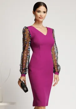 Rochie DY Fashion midi magenta din stofa conica cu maneci din dantela imagine