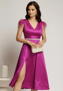 Rochie DY Fashion midi magenta din tafta cu pene la umeri imagine