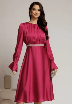 Rochie DY Fashion midi magenta din voal satinat in clos cu perle in talie imagine