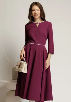 Rochie DY Fashion midi magenta eleganta cu perle in talie si la decolteu imagine