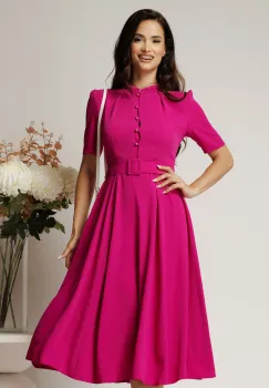 Rochie DY Fashion midi magenta in clos din triplu voal cu nasturi la bust si curea in talie imagine