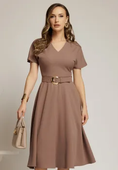 Rochie DY Fashion midi maro cu decolteu in V si curea in talie imagine