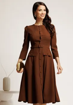 Rochie DY Fashion midi maro din stofa clos cu nasturi si curea imagine