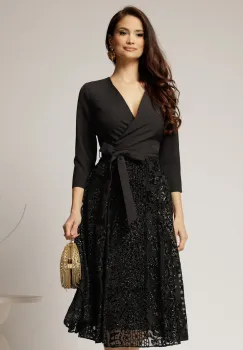 Rochie DY Fashion midi neagra cu decolteu petrecut si fusta din voal imprimat imagine