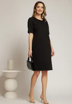 Rochie DY Fashion midi neagra cu impletitura la decolteu si adaos de viscoza imagine