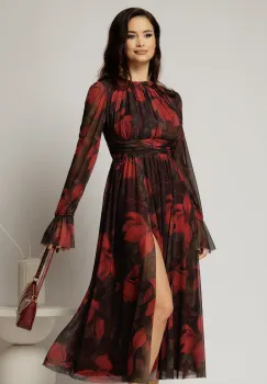 Rochie DY Fashion midi neagra cu imprimeu rosu din tulle fin in clos cu crapatura pe picior imagine