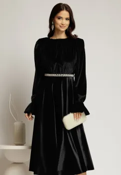 Rochie DY Fashion midi neagra din catifea cu perle pe talie imagine