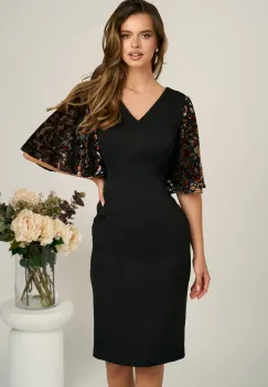 Rochie DY Fashion midi neagra din stofa conica cu maneci cu insertii catilefate maro imagine