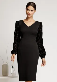 Rochie DY Fashion midi neagra din stofa conica cu maneci din dantela imagine