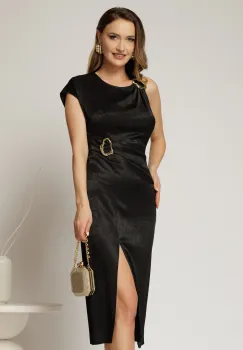 Rochie DY Fashion midi neagra din viscoza conica cu aspect sidefat si accesoriu in talie imagine
