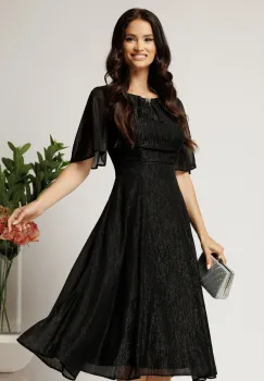 Rochie DY Fashion midi neagra din voal in clos cu fir lurex si accesoriu la decolteu imagine