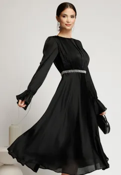 Rochie DY Fashion midi neagra din voal satinat in clos cu perle in talie imagine