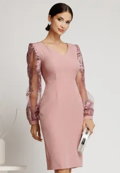 Rochie DY Fashion midi roz din stofa conica cu maneci din dantela imagine