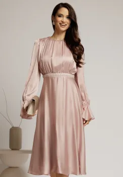 Rochie DY Fashion midi roz din voal satinat in clos cu perle in talie imagine