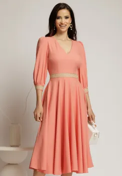 Rochie DY Fashion midi roz somon cu banda decorativa pe talie si mansete imagine