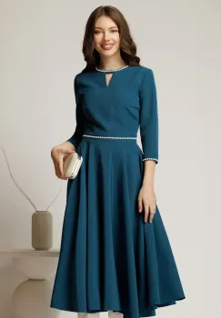 Rochie DY Fashion midi turcoaz eleganta cu perle in talie si la decolteu imagine