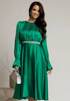 Rochie DY Fashion midi verde crud din voal satinat in clos cu perle in talie imagine