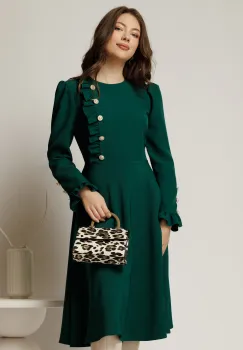 Rochie DY Fashion midi verde cu nasturi si volanase la bust imagine