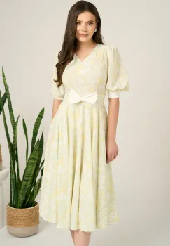 Rochie DY Fashion midi verde din satin in clos cu print bej si funda in talie imagine