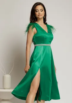Rochie DY Fashion midi verde din tafta cu pene la umeri imagine